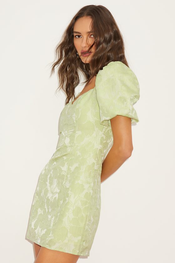 Beyond Amazing Light Green Floral Jacquard Puff Sleeve Dress