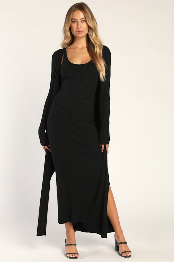 Layer Lover Black Ribbed Knit Two-Piece Dress & Cardigan Set