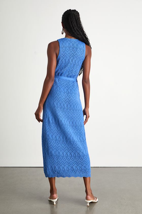 Kasper Blue Pointelle Knit Wrap Midi Dress