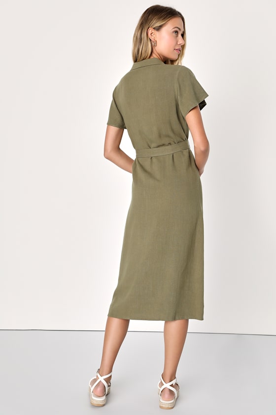 Italian Summer Olive Green Linen Button-Up Short Sleeve Dress