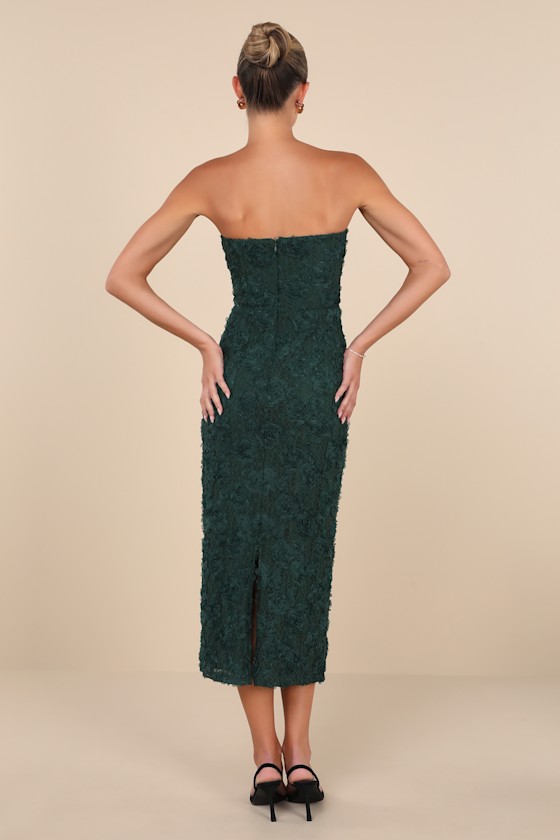 Flawless Perfection Emerald Floral Applique Strapless Midi Dress