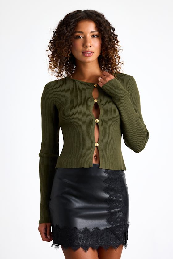 Mahita Olive Green Ribbed Cutout Button-Front Long Sleeve Top