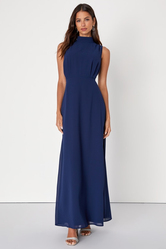 Classic Elegance Navy Chiffon Sleeveless Mock Neck Maxi Dress