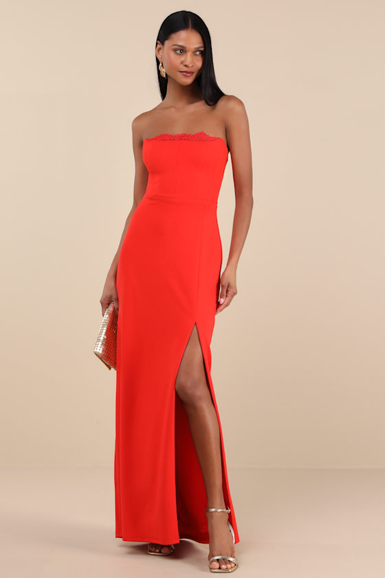 Memorably Iconic Red Strapless Lace Bustier Maxi Dress