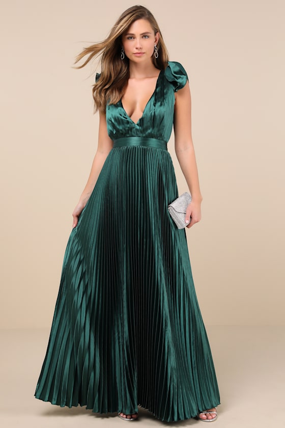 Exceptional Drama Emerald Satin Lace-Up Pleated Maxi Dress