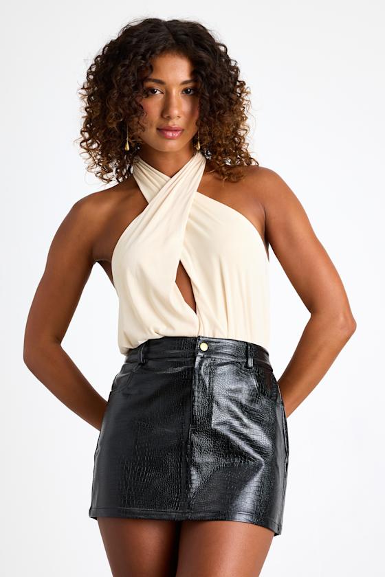 Jamison Cream Jersey Knit Cross-Front Halter Bodysuit