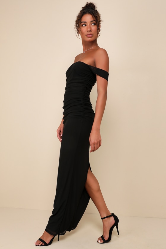 Amazing Presence Black Mesh Ruched Column Maxi Dress