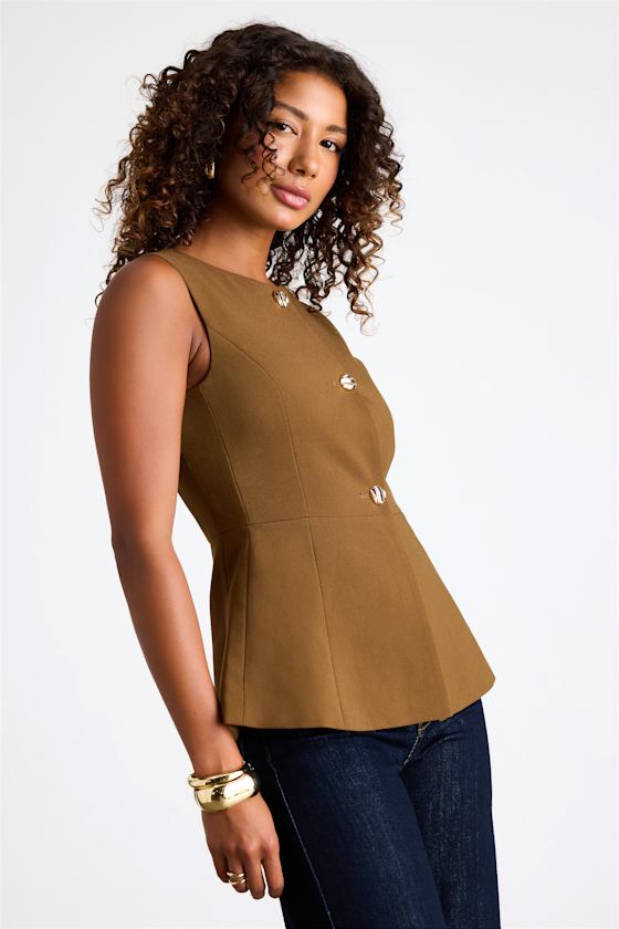 Anslie Brown Button-Front Peplum Vest Top