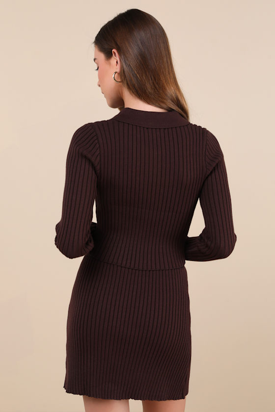 Too Perfect Dark Brown Collared Two-Piece Sweater Mini Dress