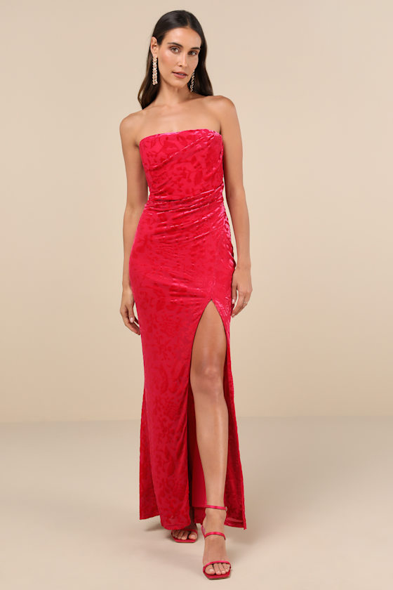 Fabulous Darling Fuchsia Burnout Velvet Strapless Maxi Dress