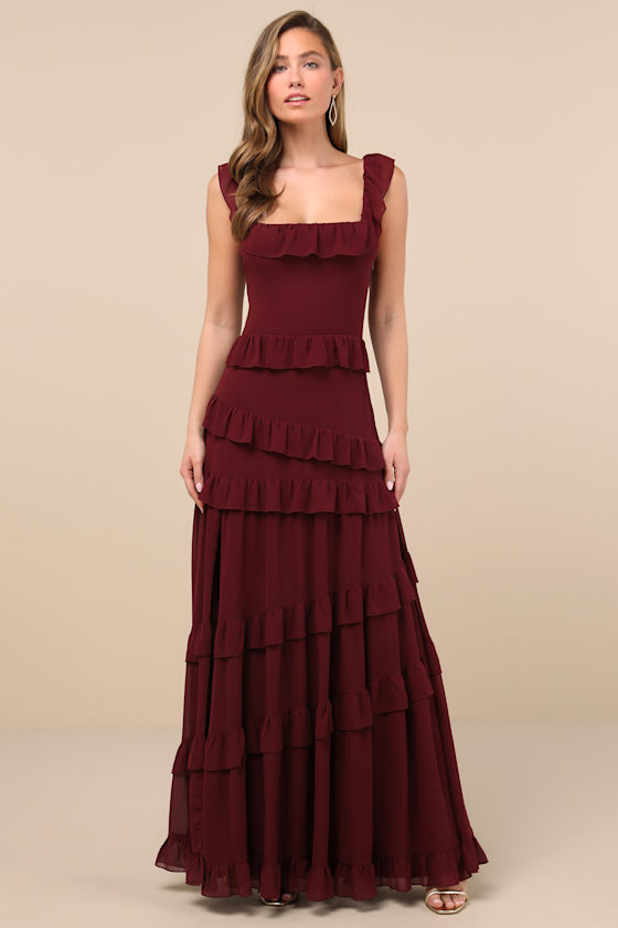 Compelling Romantic Burgundy Ruffled Tiered Maxi Dress