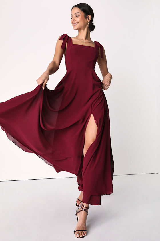 Love Me Forever Burgundy Tie-Strap Square Neck Maxi Dress