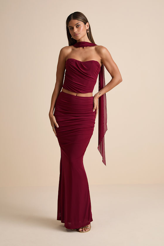 Elvena Wine Red Mesh Ruched Strapless Two-Piece Maxi Dress
