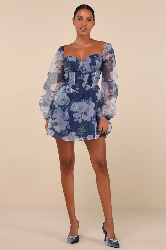 Positively Enchanting Blue Floral Organza Bustier Mini Dress