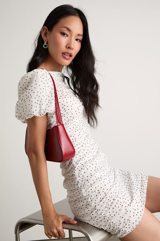 Claritza White Polka Dot Ruched Puff Sleeve Mini Dress