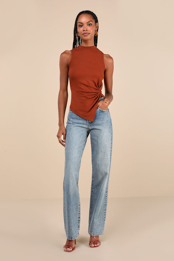 Trendy Minimalist Rust Brown Ribbed Knotted Tank Top