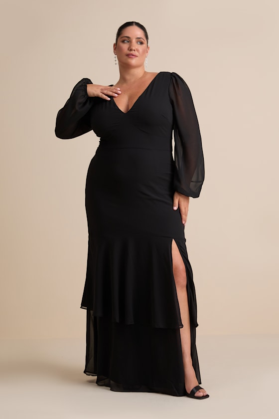 Tier Elegance Black Long Sleeve Tiered Maxi Dress