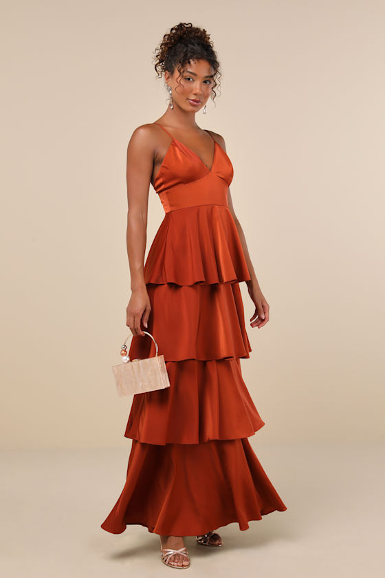 Going with Elegance Rust Brown Satin Tiered Gown