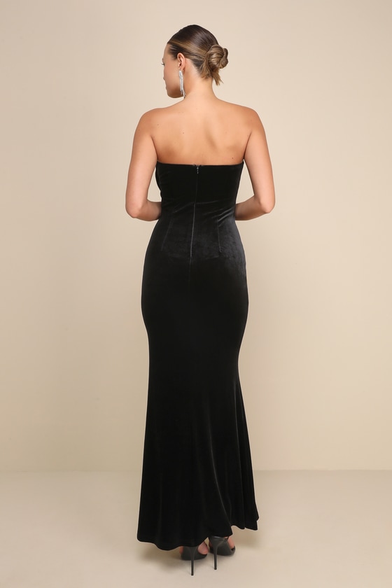 Dramatic Stunner Black Velvet Bow Strapless Maxi Dress