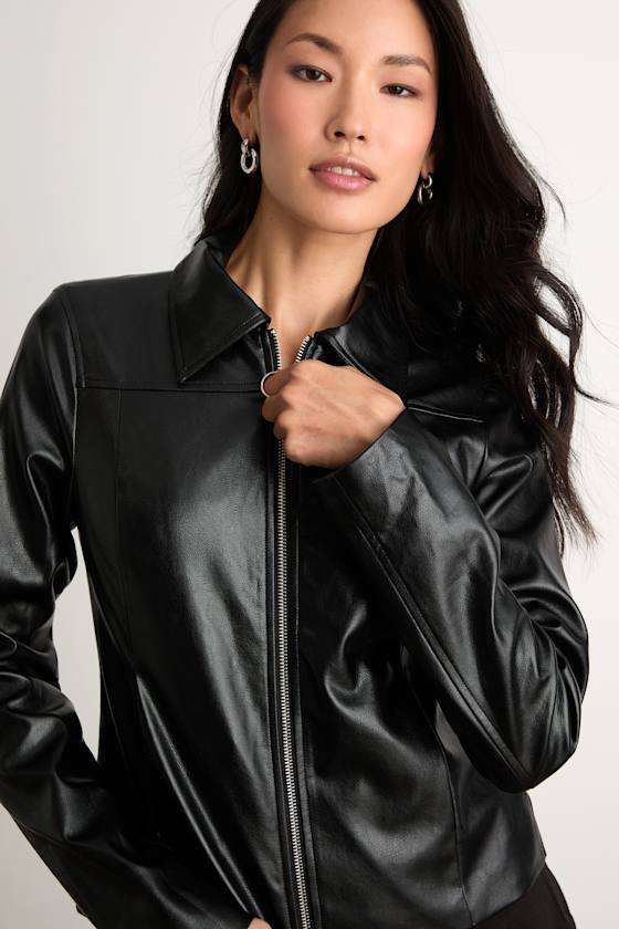 Rossana Black Vegan Leather Collared Jacket