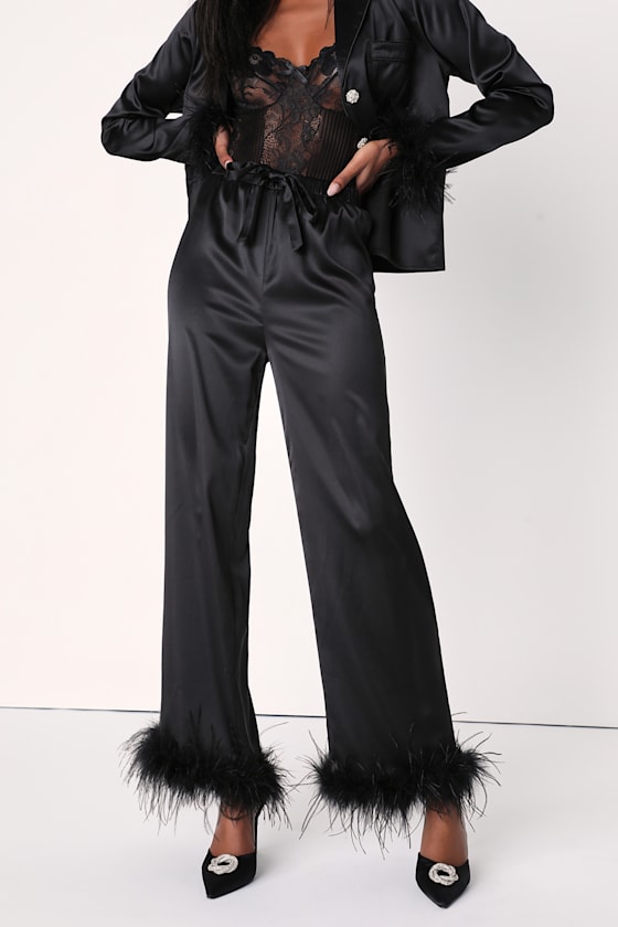 Dreamiest Delight Black Satin Feather Two-Piece Pajama Set