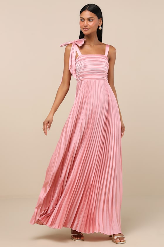 Gorgeous Purpose Pink Satin Pleated Sleeveless Bow Maxi Dress