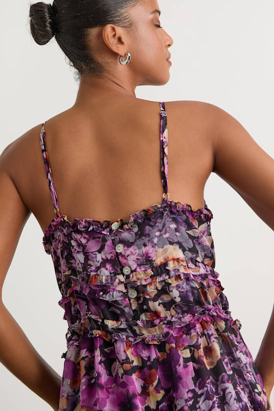 Dayah Purple Floral Ruffled Tiered Midi Dress