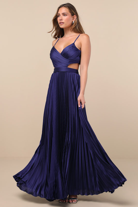 Got the Glam Navy Blue Pleated Cutout Maxi Dress