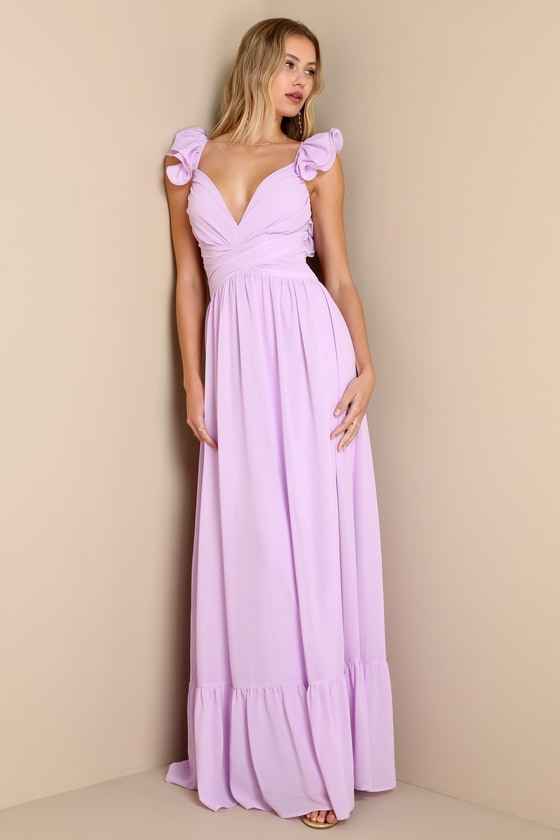Soiree Celebration Lilac Ruffled Lace-Up Maxi Dress