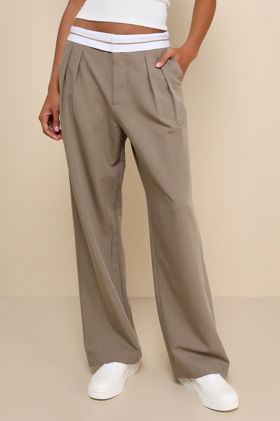 Refined Mood Taupe and White Straight Leg Trouser Pants