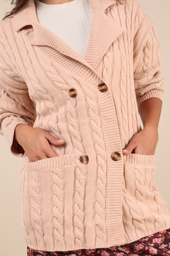 Majorly Comfy Beige Cable Knit Double Breasted Cardigan Sweater