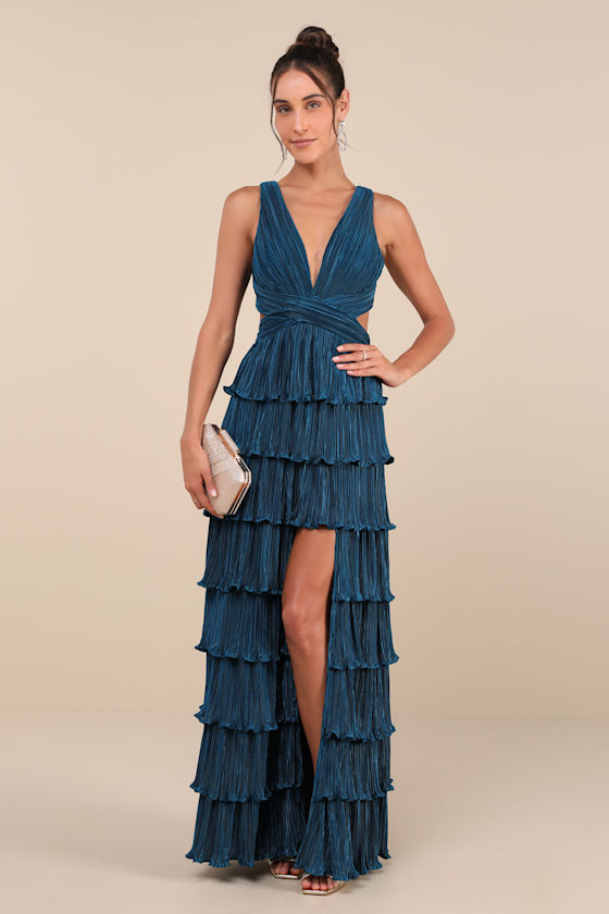 Beauty Icon Dark Teal Satin Pleated Tiered Lace-Up Maxi Dress