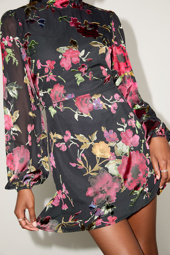 Retina Black Floral Burnout Velvet Backless Mini Dress