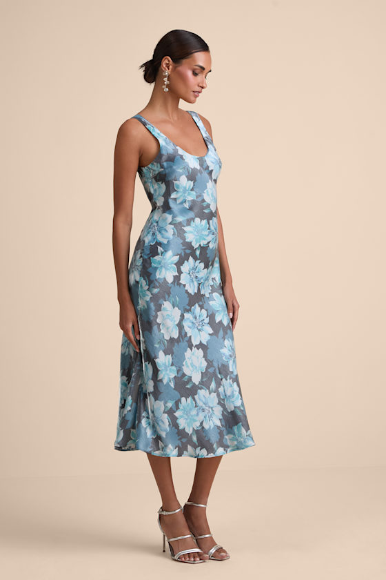 Romantic Whims Blue Floral Print Organza Sleeveless Slip Dress