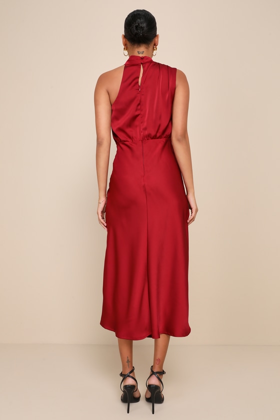 Distinctive Charm Burgundy Satin Asymmetrical Midi Dress