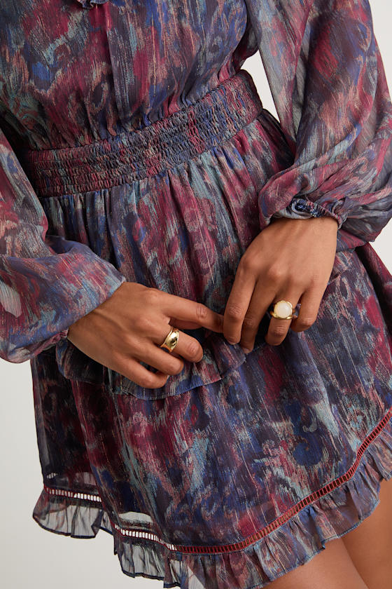 Variah Blue Multi Boho Print Long Sleeve Mini Dress