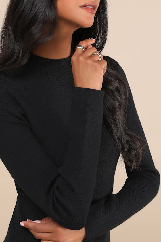 Adorable Intentions Black Mock Neck A-Line Mini Sweater Dress