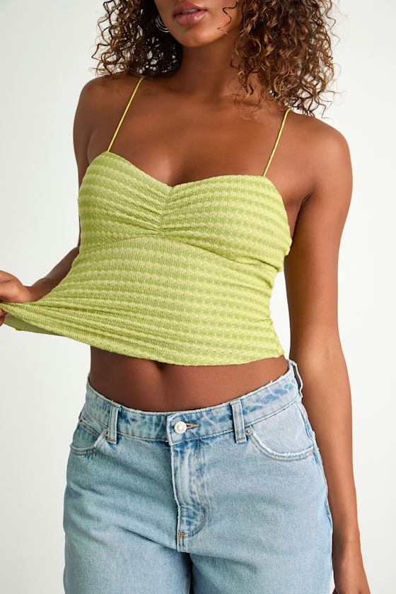 Jimena Lime Green Striped Knit Ruched Cami Top
