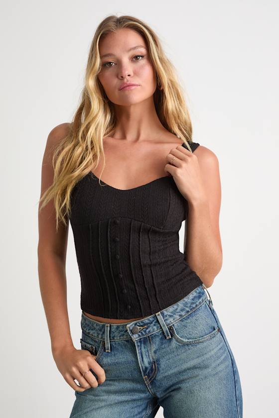 Calanthe Black Pointelle Knit Button-Front Tank Top