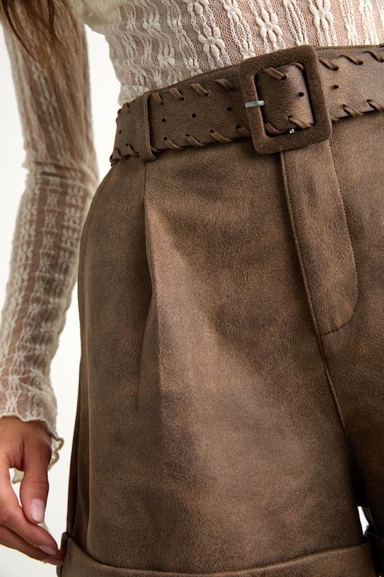 Nolyn Brown Suede Pleated High-Rise Shorts