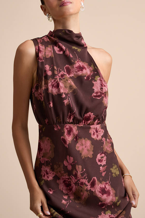 Distinctive Charm Brown Floral Satin Asymmetrical Maxi Dress