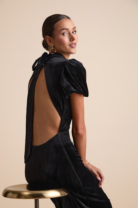 Fabulous Intuition Black Velvet Backless Column Midi Dress