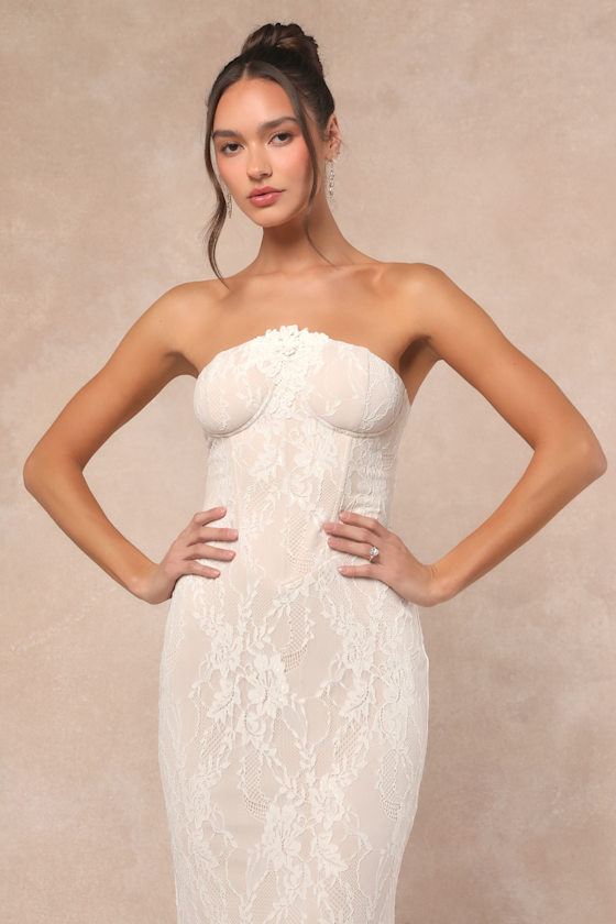 Valeria White Lace Strapless Bustier Maxi Dress