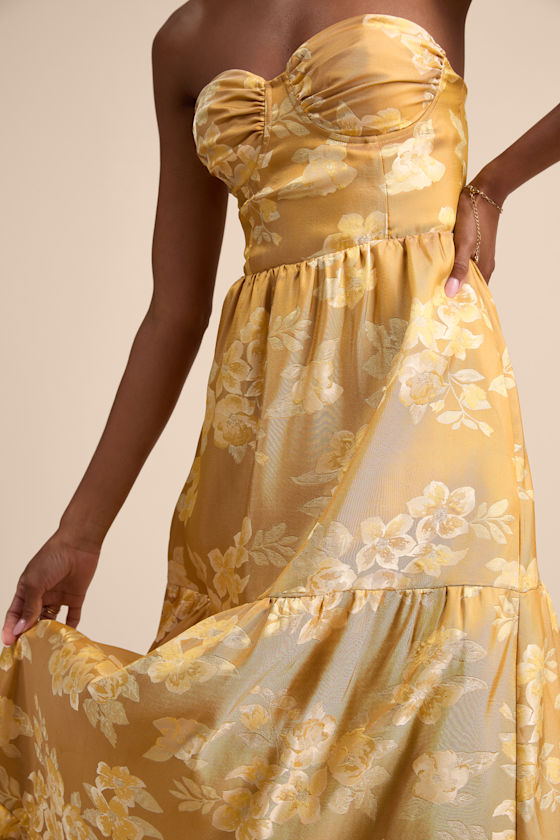 Petrina Golden Yellow Floral Jacquard Strapless Maxi Dress