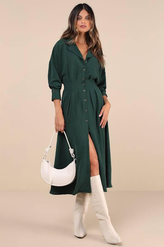 Timeless Class Dark Green Collared Button-Up Pleated Midi Dress