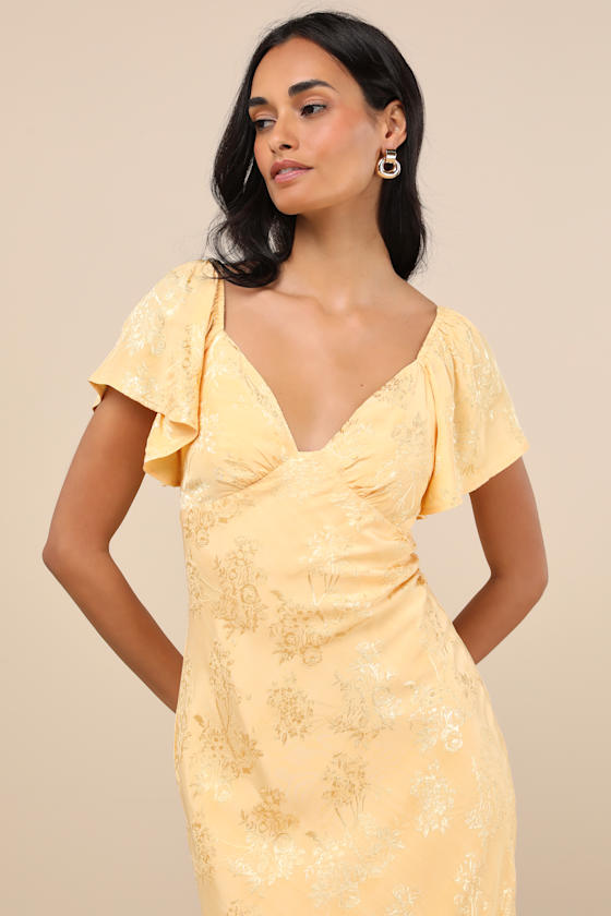 Effervescent Afternoon Yellow Satin Flutter Sleeve Midi Dress