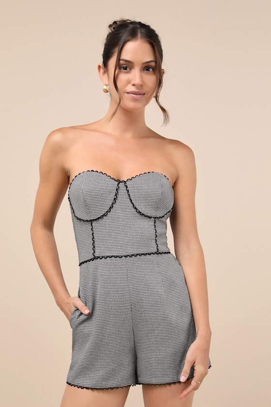 Sophisticated Attitude Grey Houndstooth Strapless Bustier Romper
