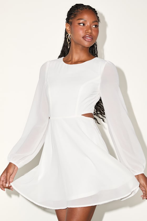 Garden Bliss White Long Sleeve Cutout Mini Dress