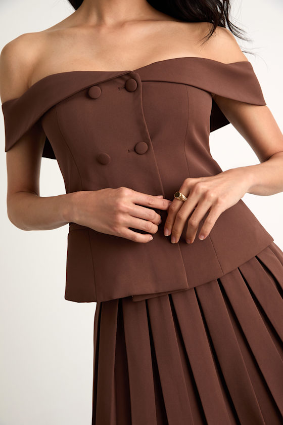 Mahika Brown Double-Breasted Off-the-Shoulder Top