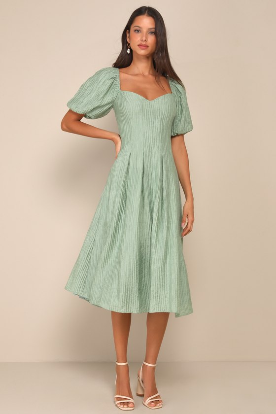 Heavenly Energy Sage Textured Puff Sleeve Pleated Midi Dress
